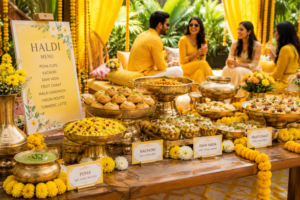 Haldi ceremony catering food spread with traditional snacks and morning light setup