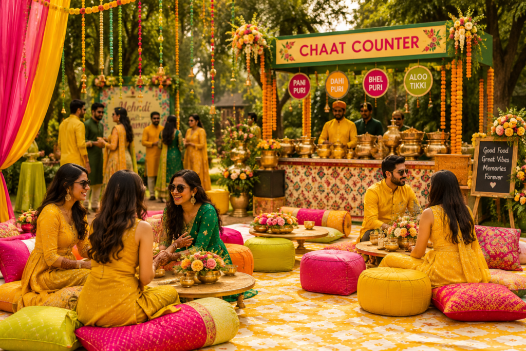 Mehendi ceremony catering setup with chaat counter and colourful decor for pre wedding function