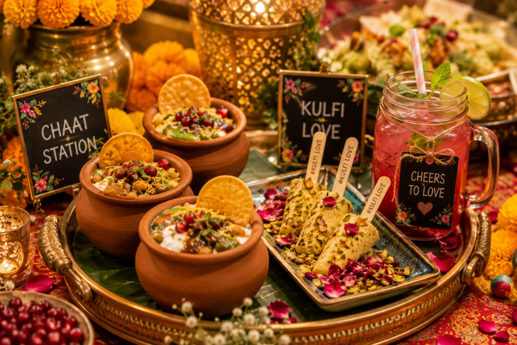 Beautiful pre wedding function catering food presentation with clay pots and colourful mocktails