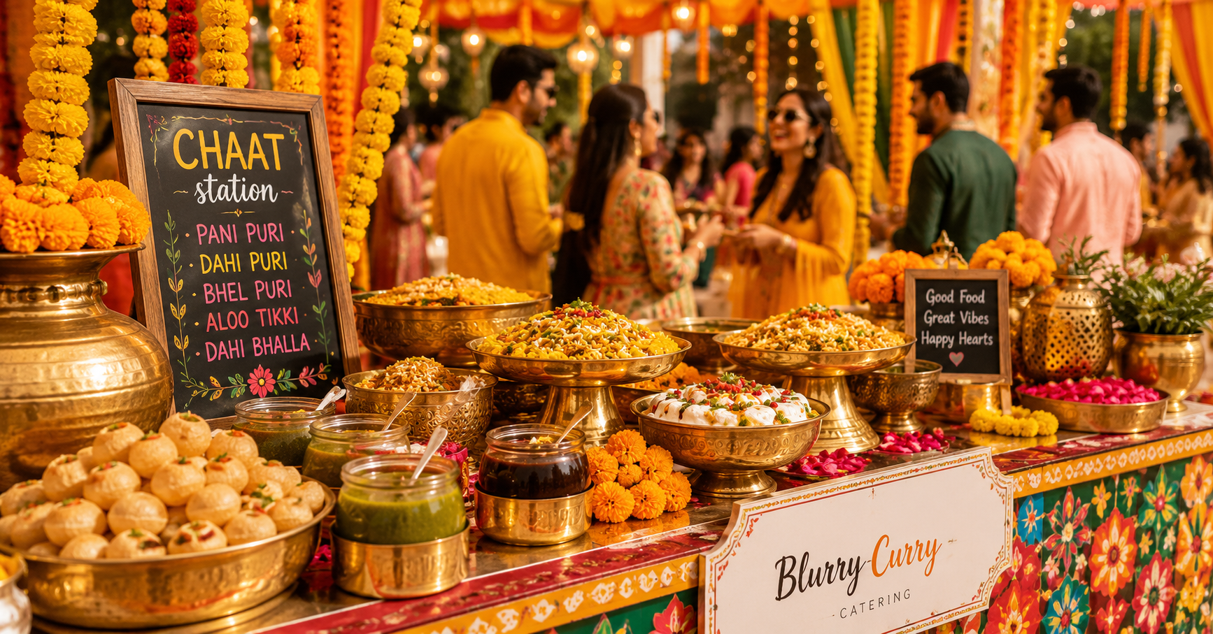 Pre wedding function catering setup by Blurry Curry with colourful food stations and traditional decor