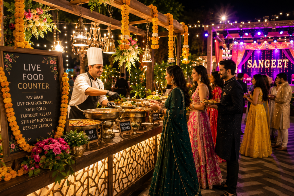 Sangeet night catering with live food counter and festive lighting for pre wedding function 