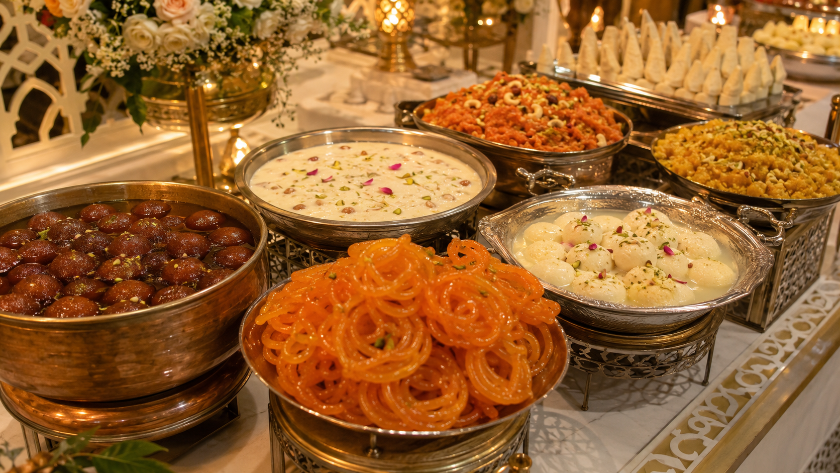 Traditional Indian wedding desserts including jalebi gulab jamun and rasmalai