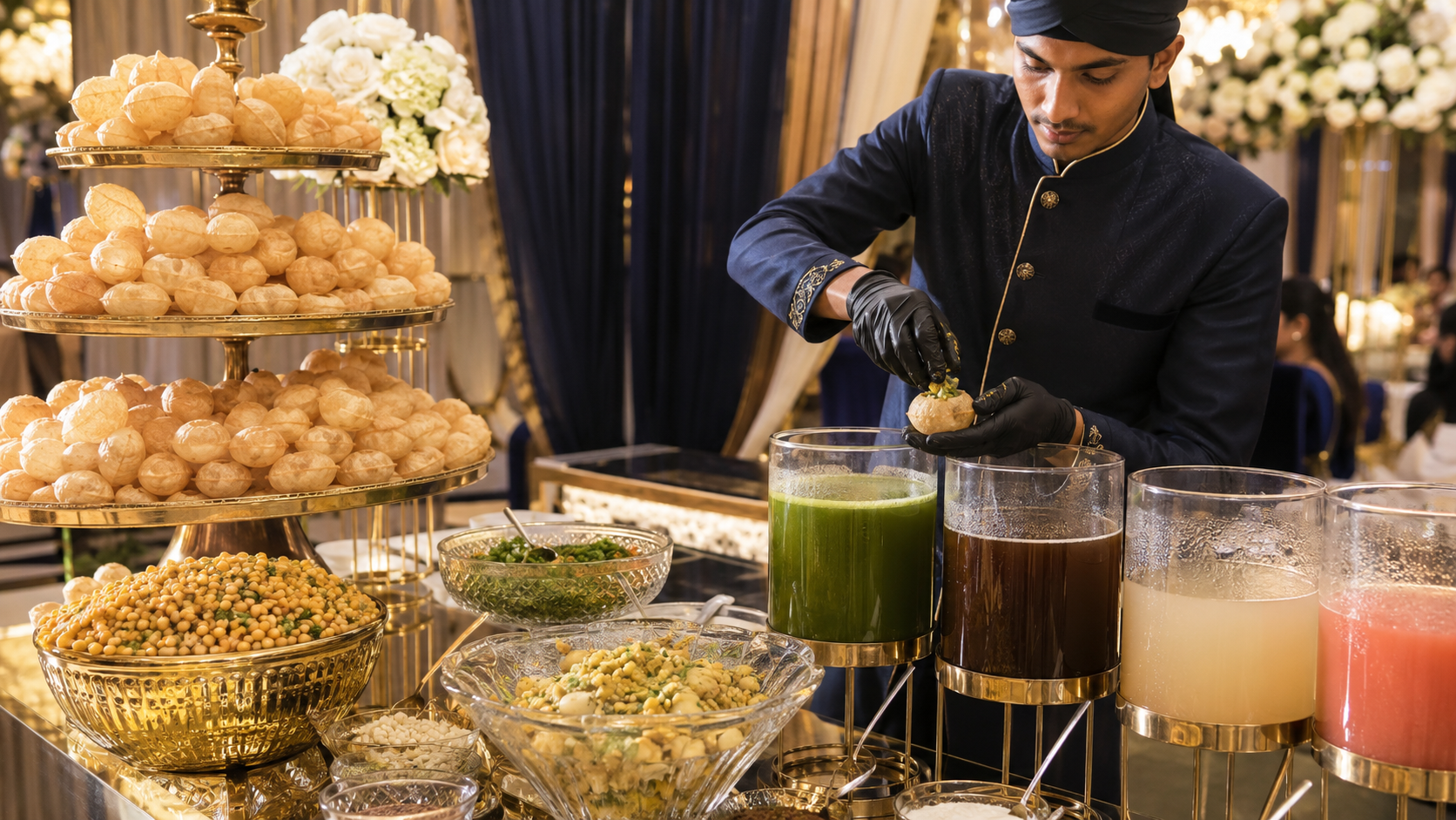 Live golgappa counter with flavoured pani at an Indian wedding