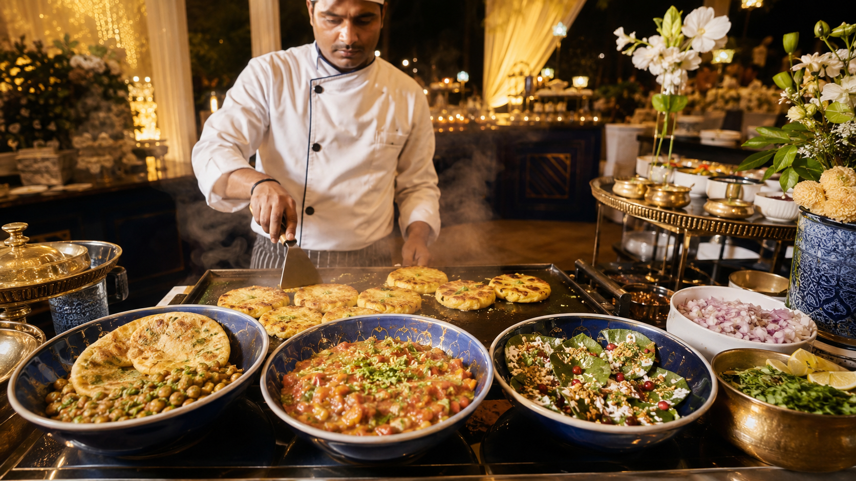 Hot aloo tikki and Indian chaat counter at a wedding