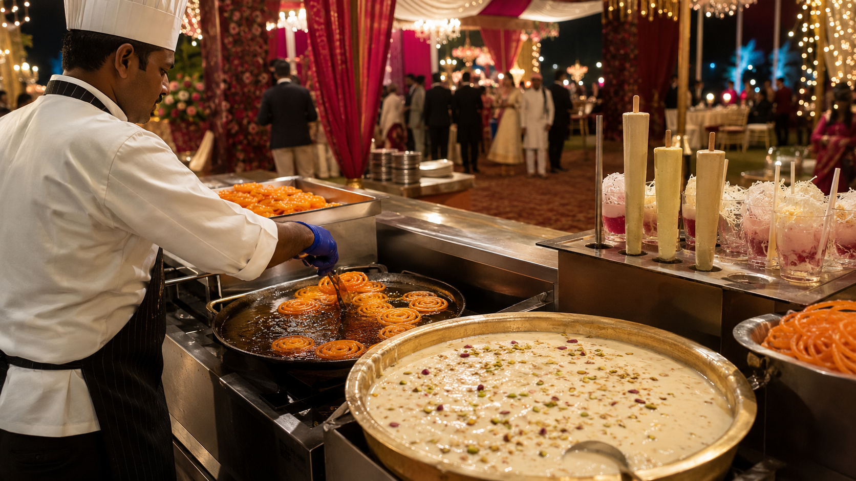 Live jalebi rabri and kulfi counter at an Indian wedding