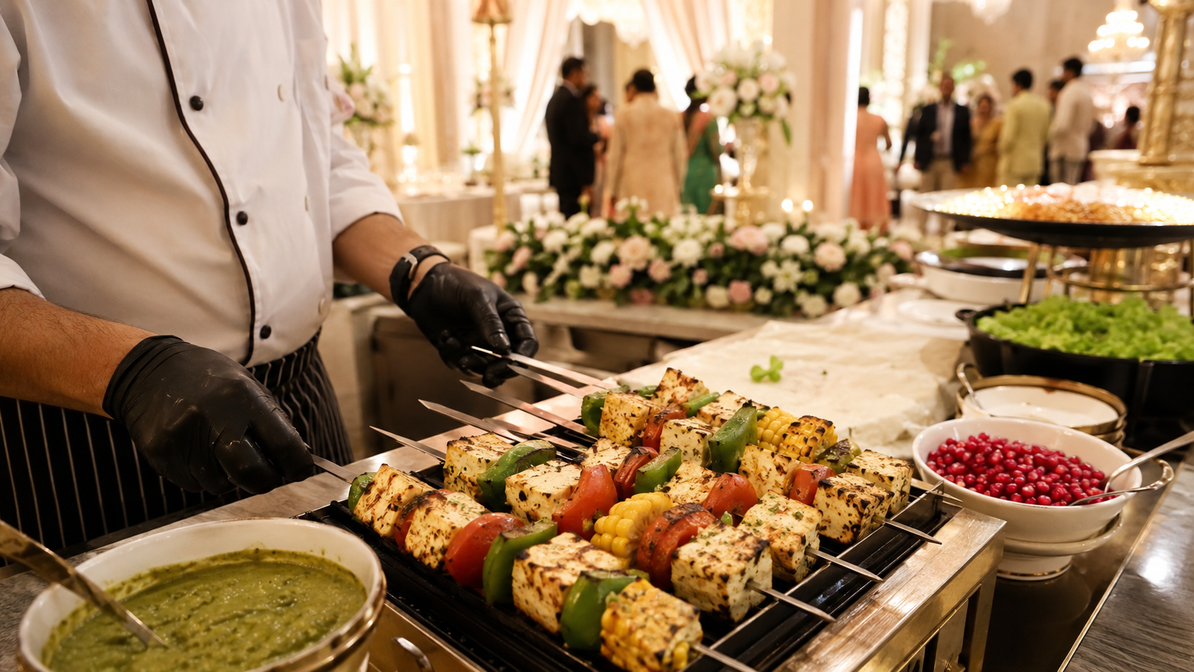 Jain wedding live paneer tikka counter with capsicum tomato and corn
