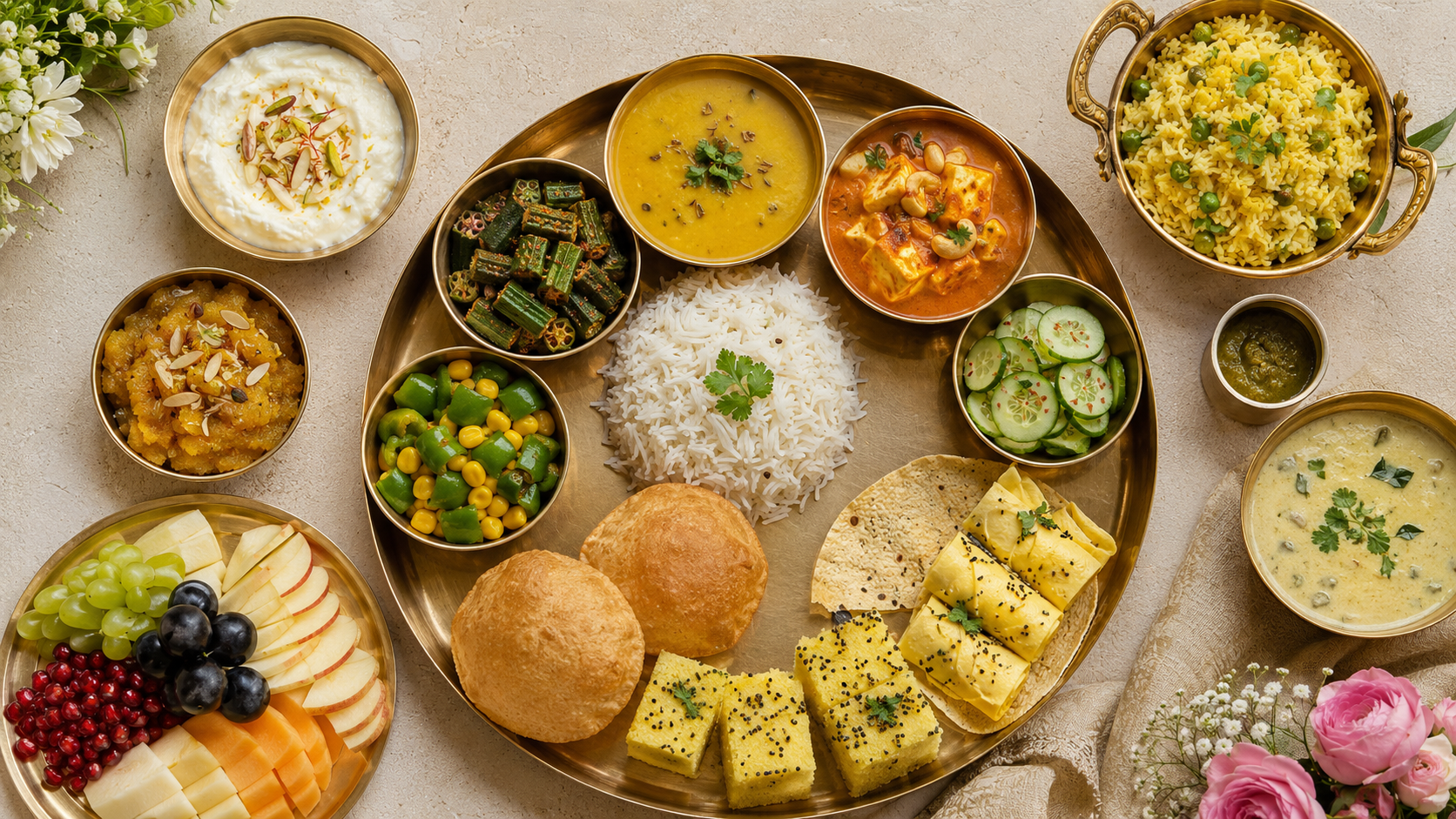 Complete Jain wedding food thali with dal paneer rice breads and sweets