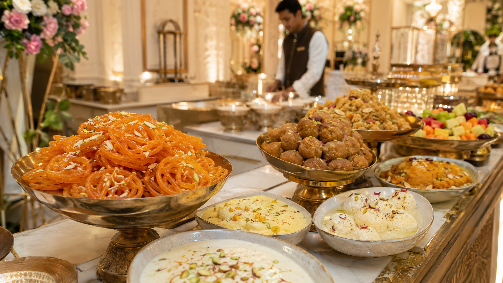 Jain wedding dessert counter with jalebi rasmalai halwa and fruit