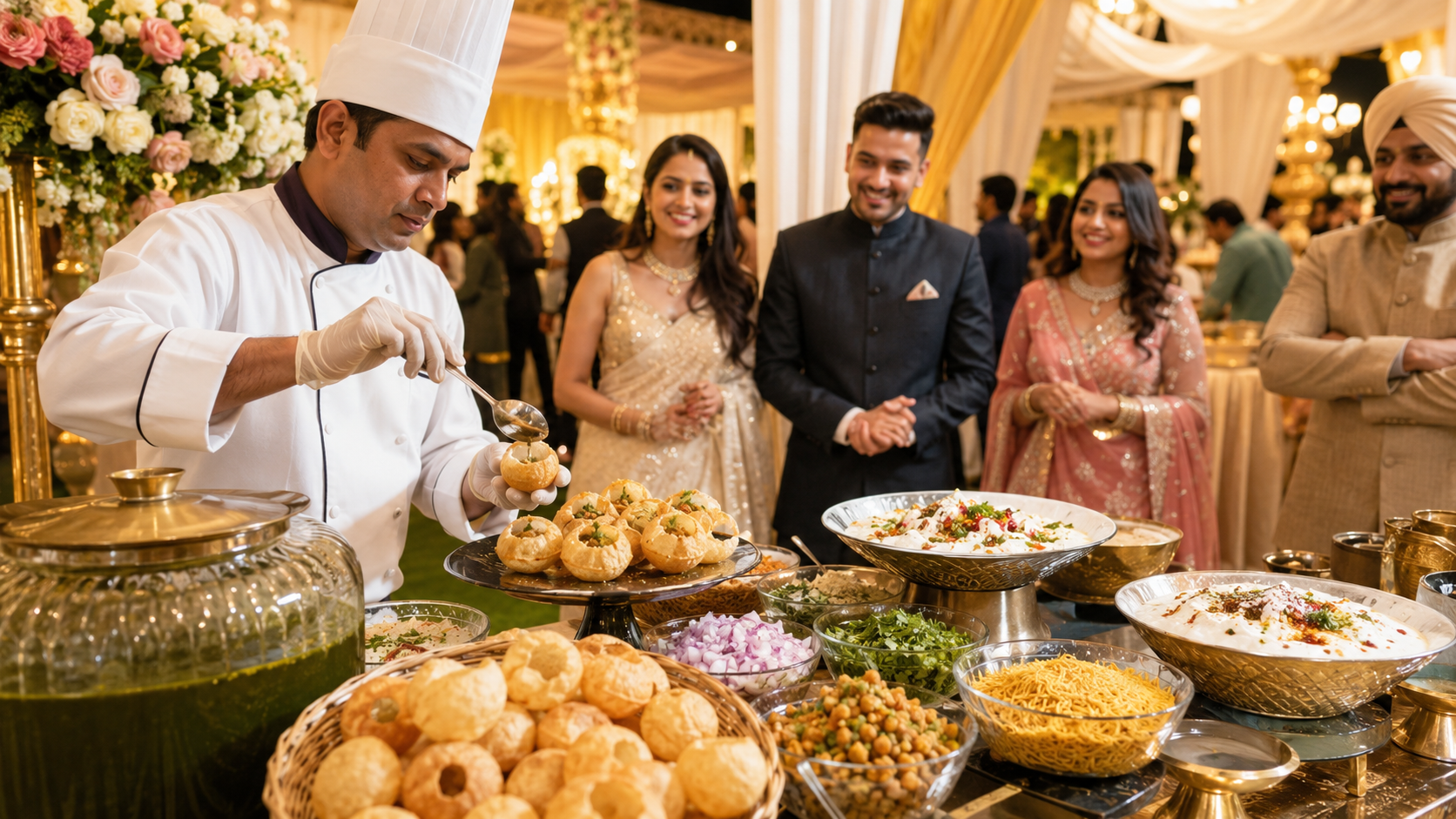 Live chaat counter at an Indian wedding with pani puri and dahi bhalla