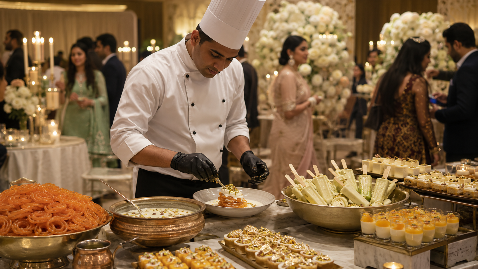 Live dessert counter at an Indian wedding with jalebi rabri and kulfi