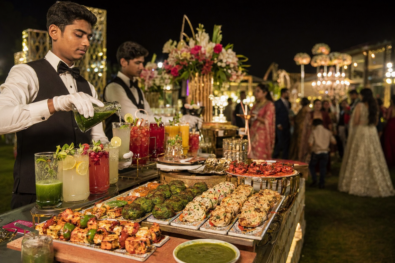 Wedding welcome drinks and starter menu for 150 guests with paneer tikka kebabs and mocktails
