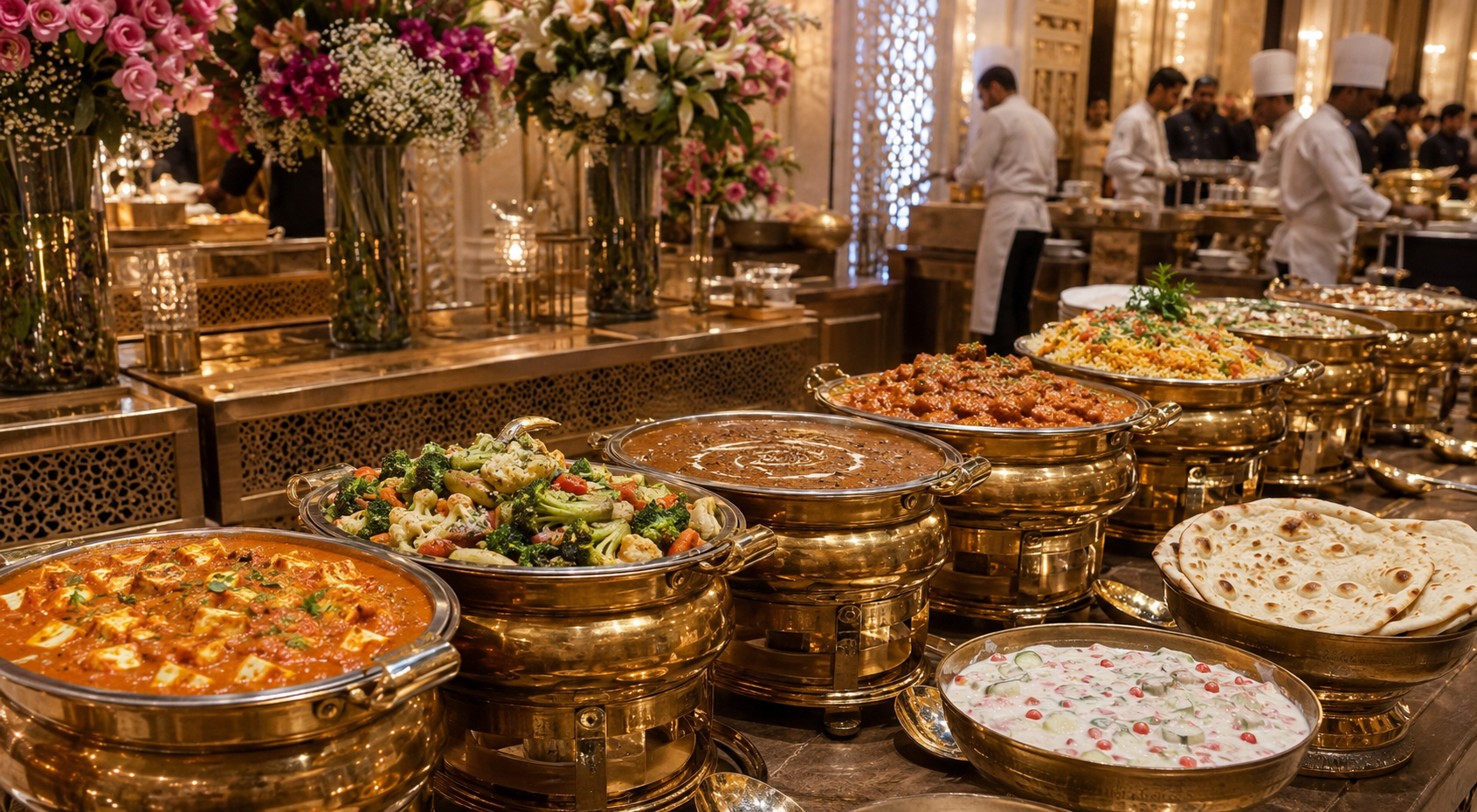 Indian wedding main course for 150 guests with paneer dal vegetables biryani naan and raita