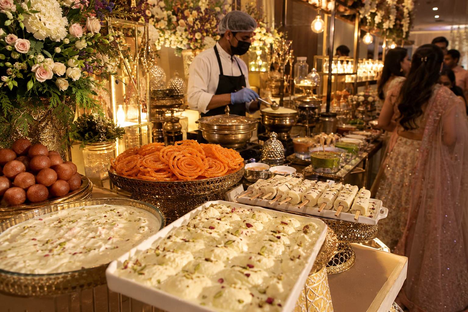 Indian wedding desserts and live counter with jalebi rabri gulab jamun rasmalai and kulfi