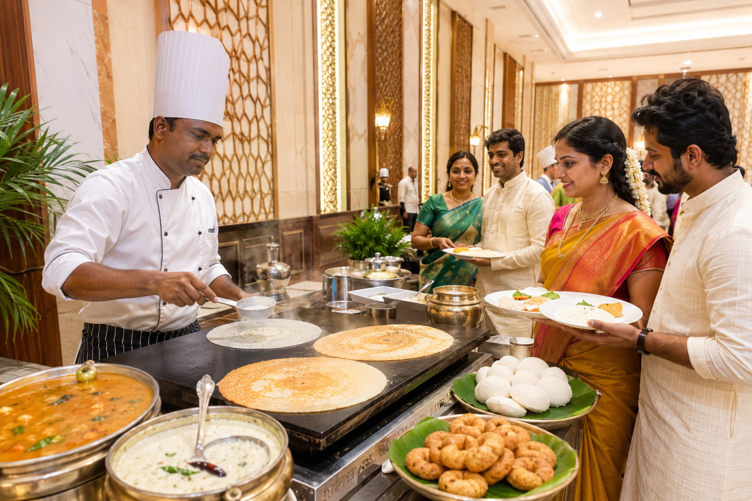 Live South Indian breakfast counter serving dosa idli sambar and chutney at an Indian wedding