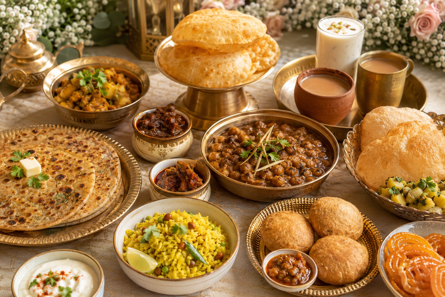 North Indian wedding breakfast with paratha poha puri chole kachori jalebi tea and lassi