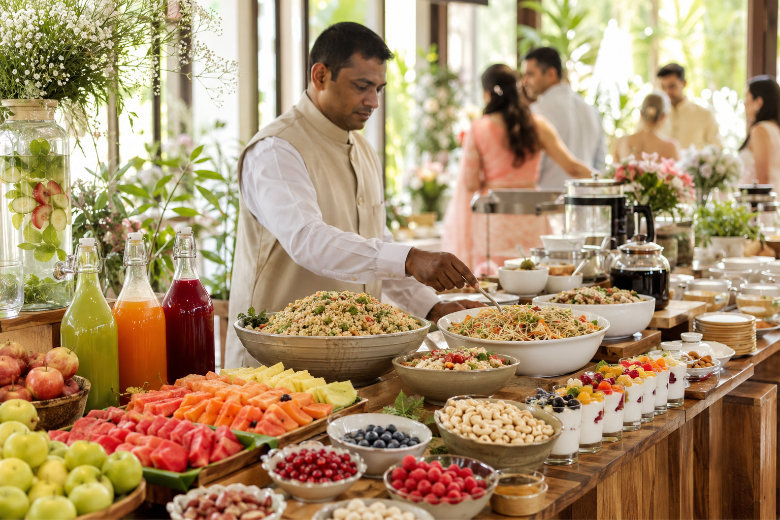 Healthy Indian wedding breakfast station with fruit millet sprouts yoghurt juices tea and coffee