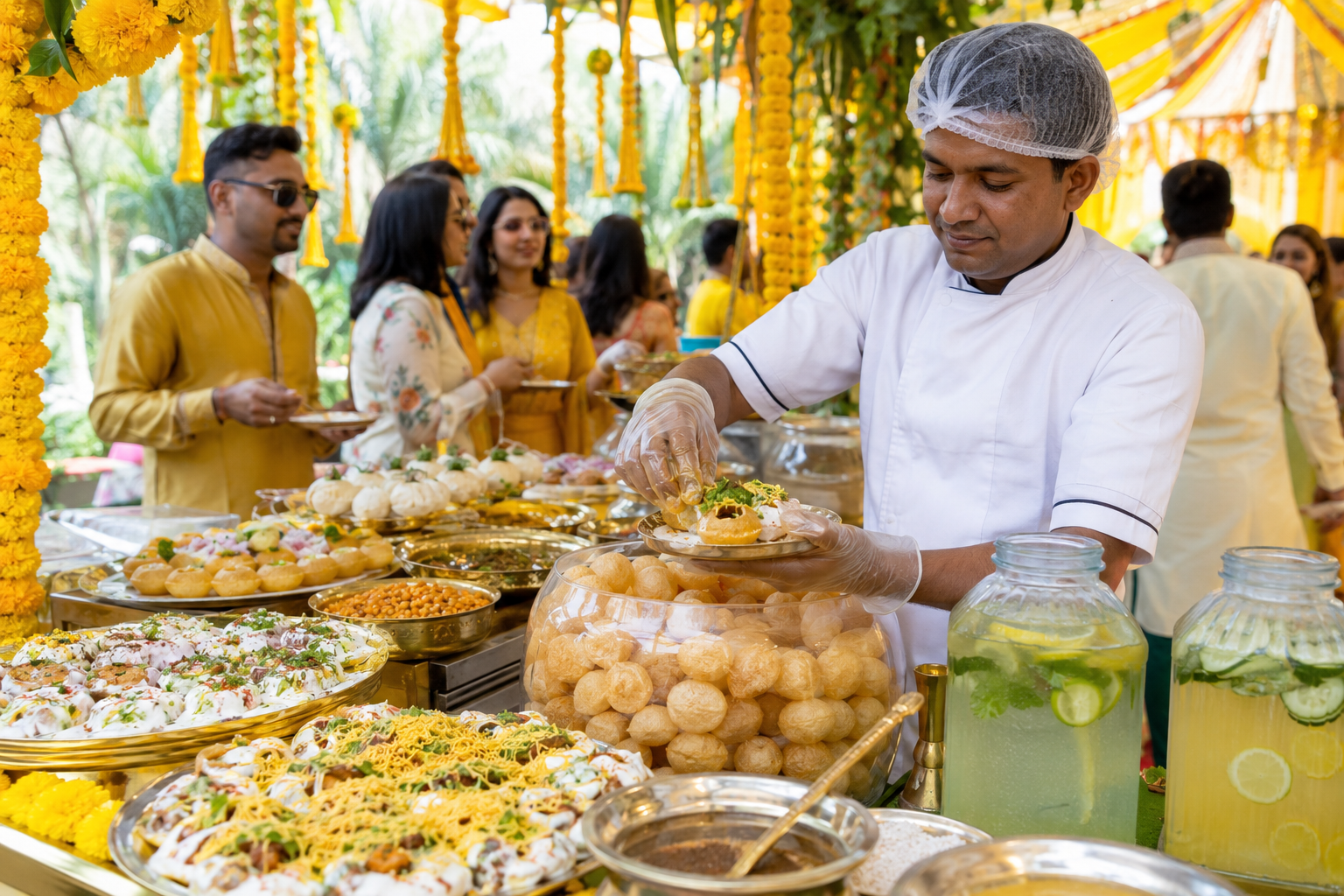 Live chaat and golgappa counter serving guests at an Indian haldi ceremony