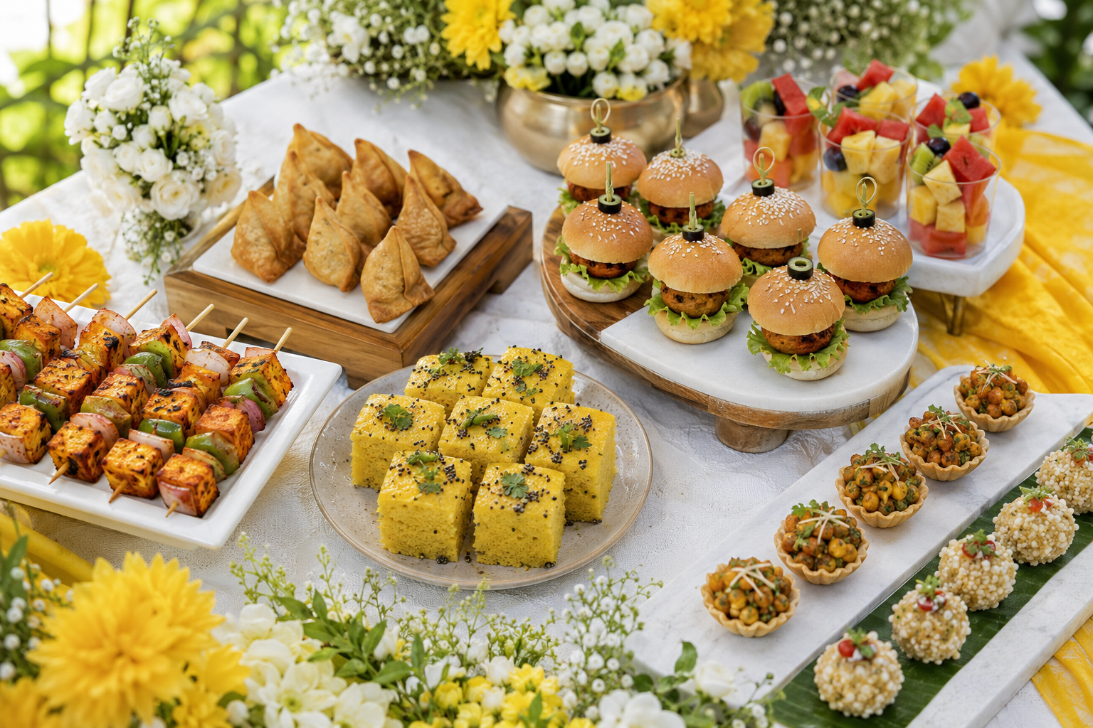 Haldi ceremony finger foods with paneer tikka mini samosa dhokla sliders and fruit cups