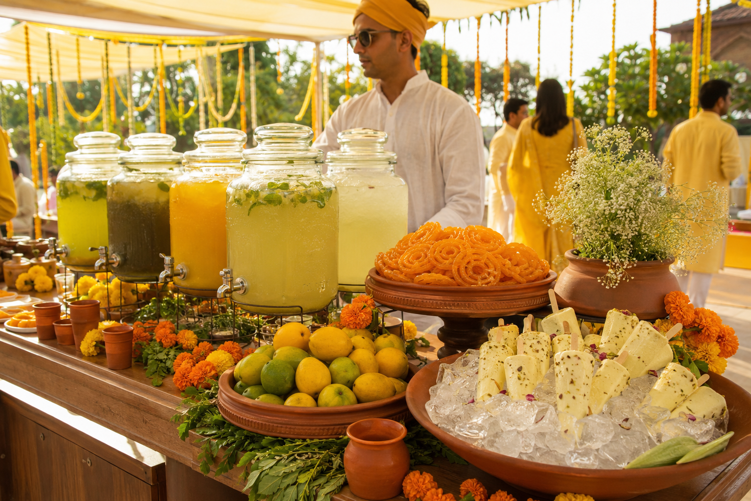 Haldi ceremony drinks and desserts with aam panna jaljeera mango lassi kulfi and jalebi