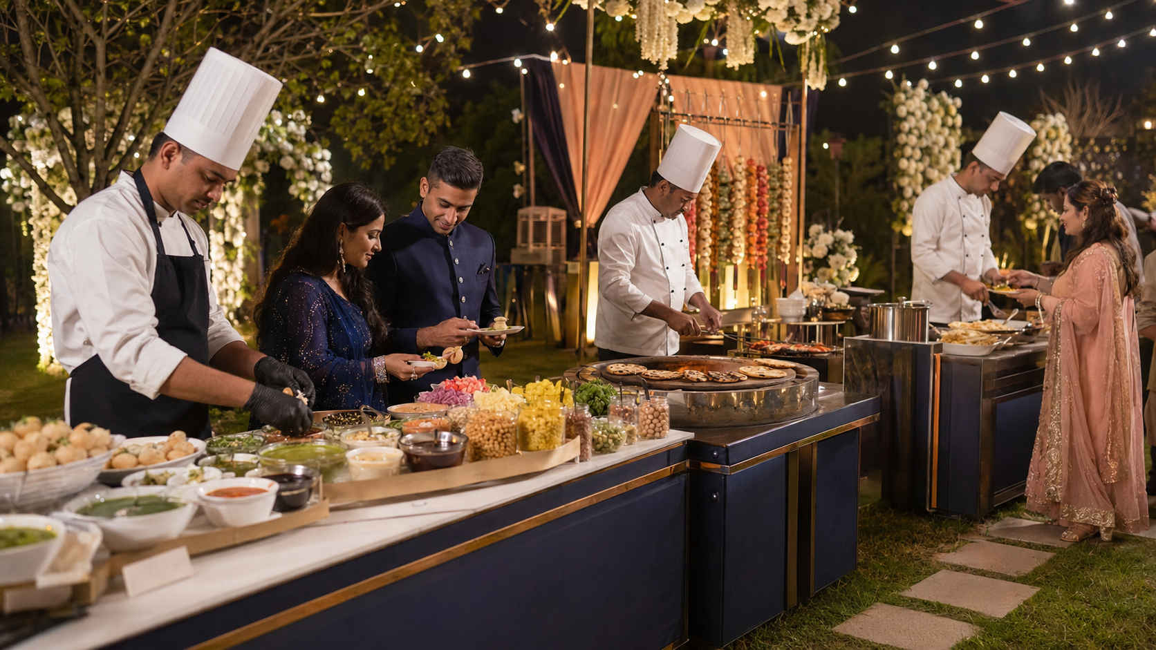 Live food counters at an Indian engagement ceremony