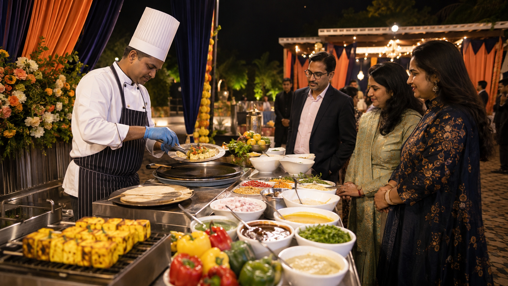 Separate vegetarian and Jain food preparation by a professional catering team
