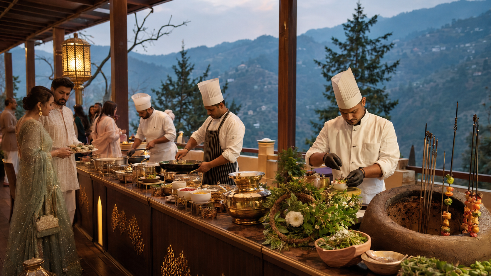 Live food counters by wedding caterers at a Mussoorie destination wedding