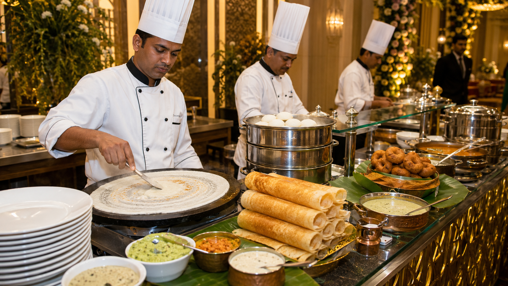 Live dosa idli and appam counter at a South Indian wedding reception