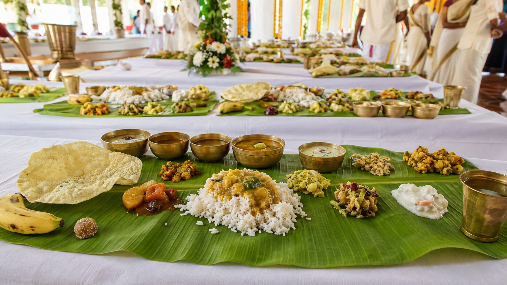 Traditional South Indian wedding food menu served on banana leaves