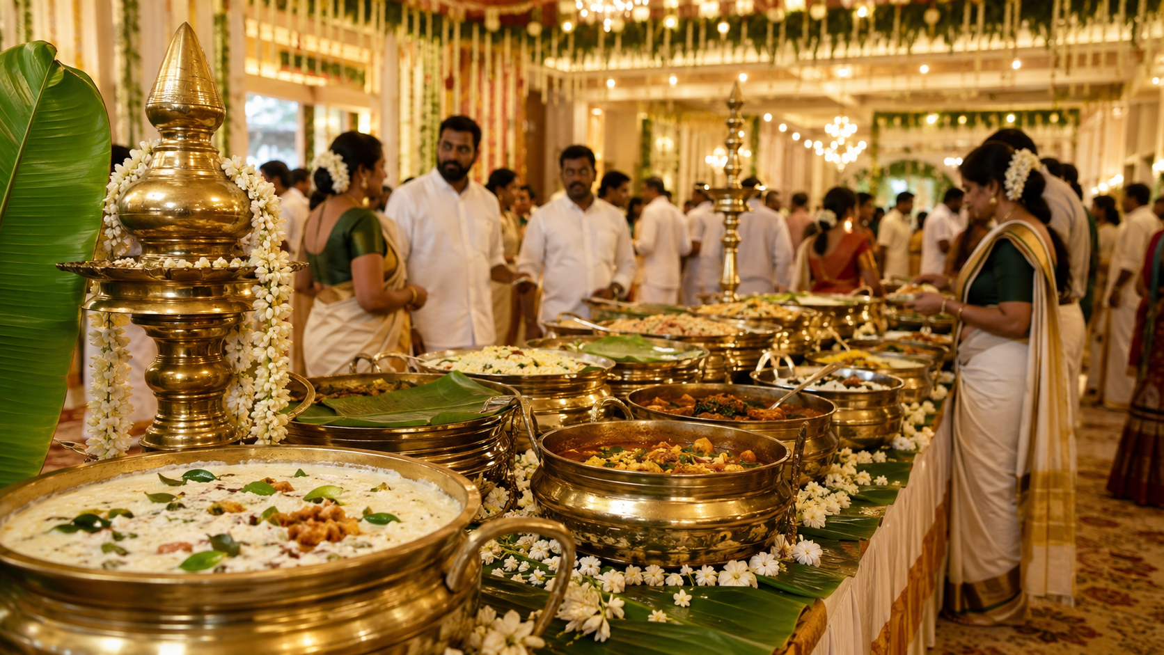 Traditional Kerala wedding sadya food menu served on banana leaves