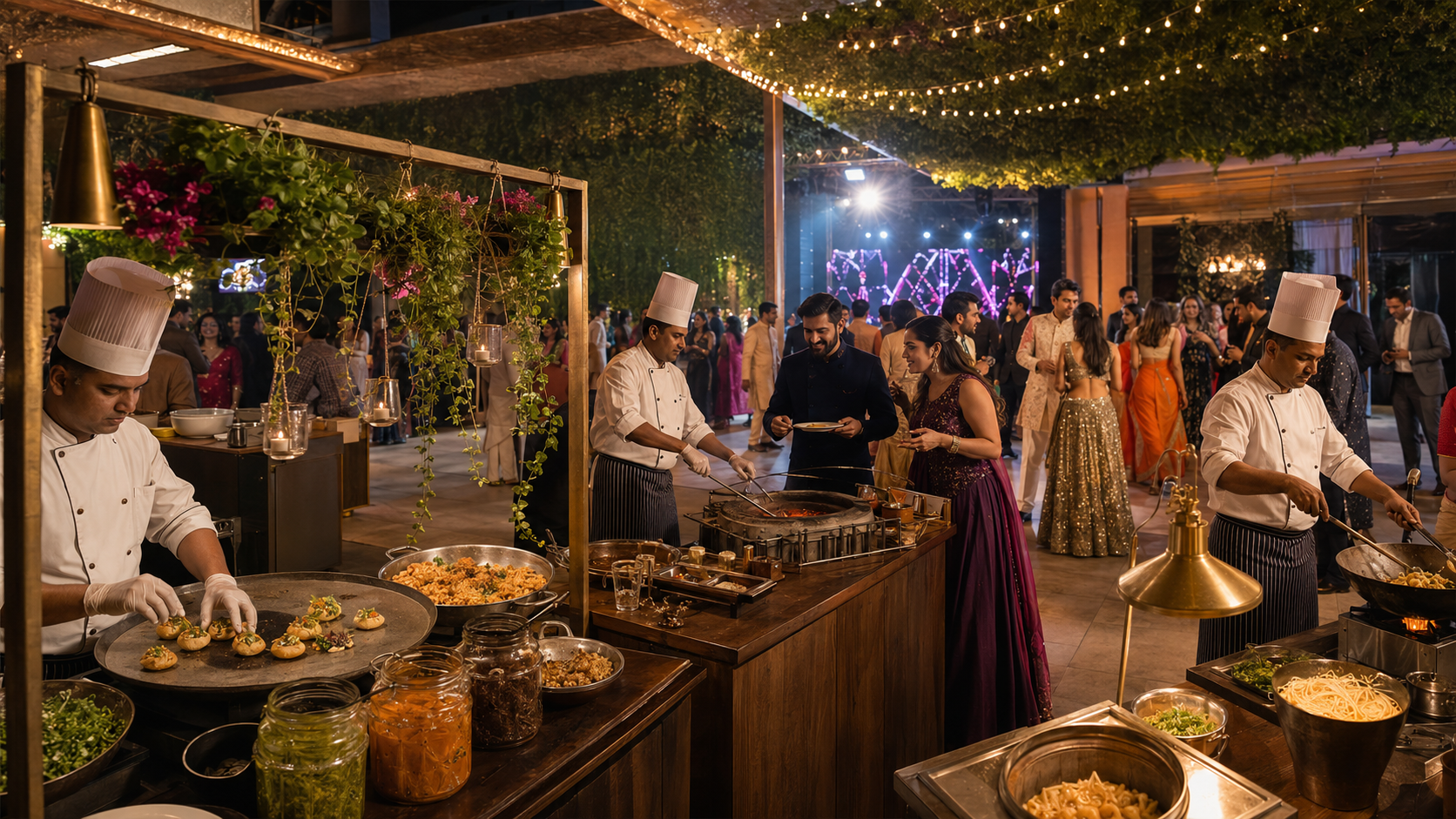 Live food counters for an Indian Sangeet ceremony