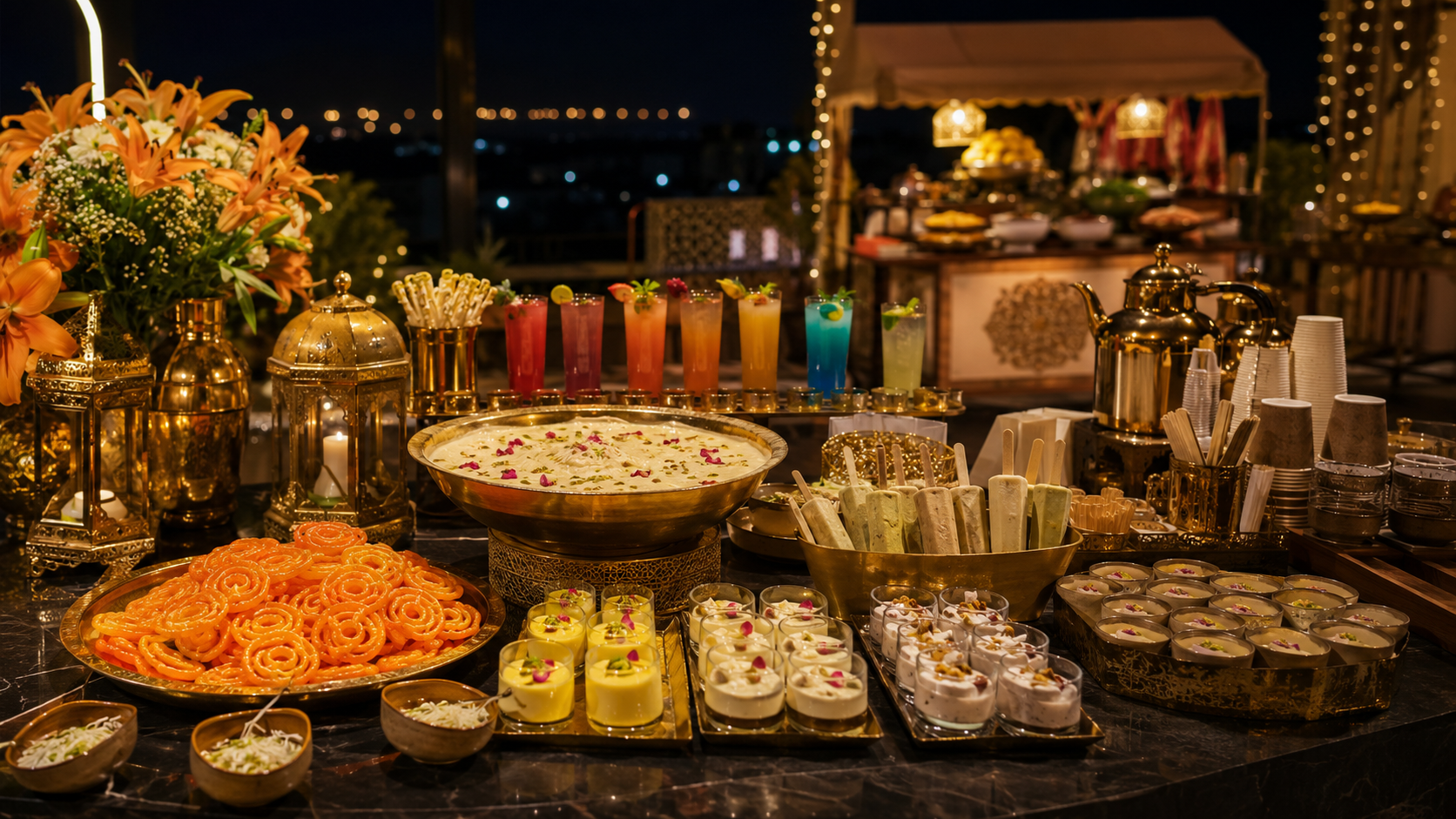 Sangeet dessert and mocktail counter with Indian sweets