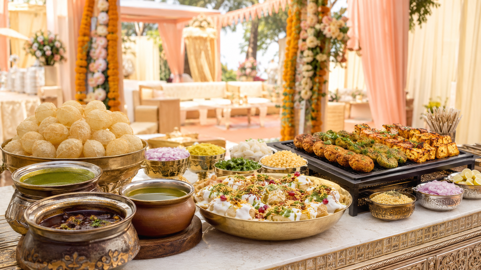 Roka ceremony food menu with live chaat paneer tikka and vegetarian starters