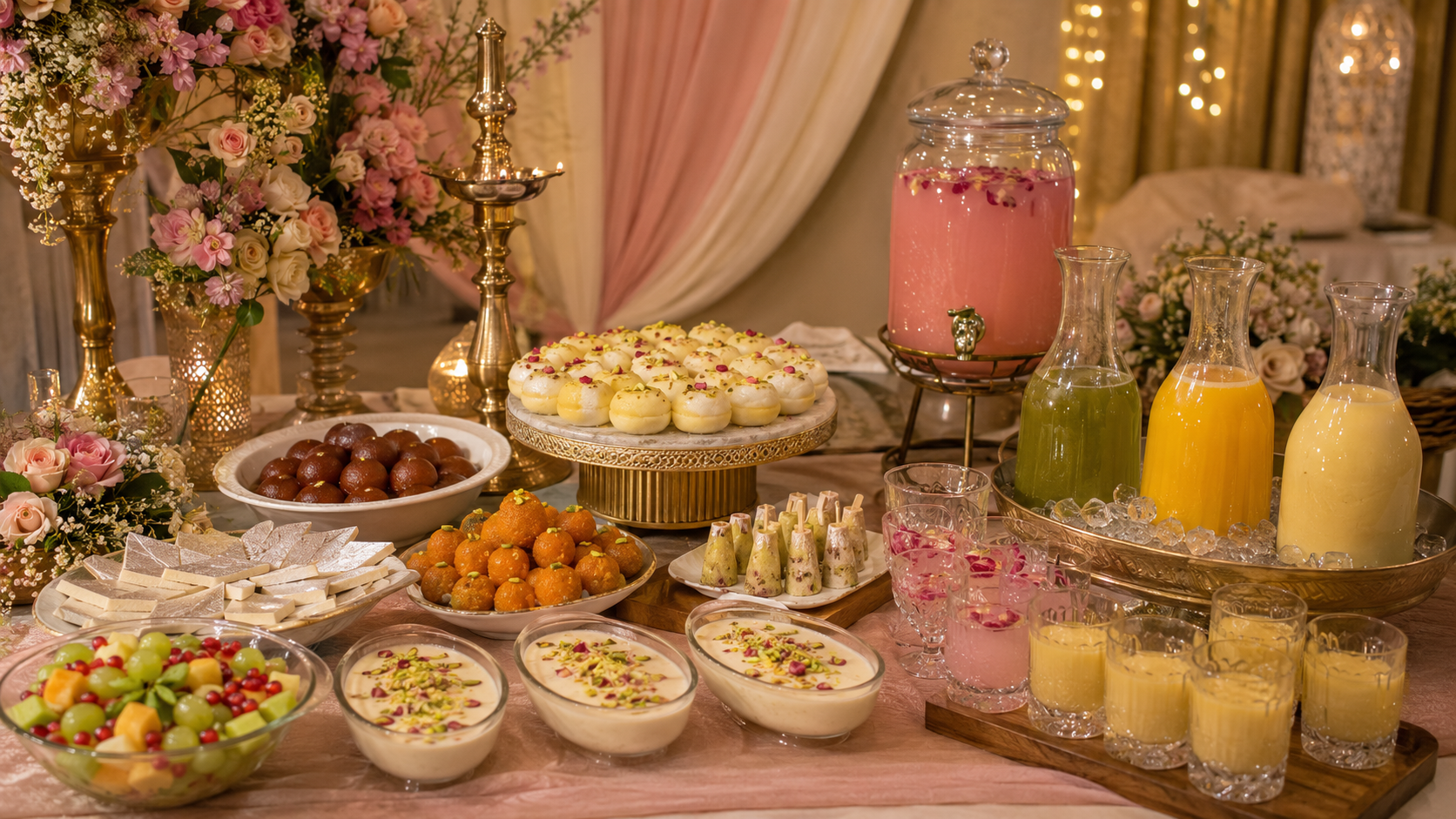 Roka ceremony dessert counter with Indian sweets and non alcoholic drinks