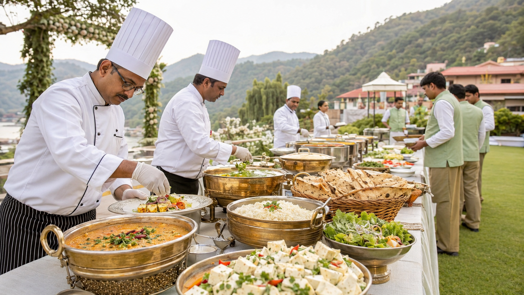 Professional wedding caterers preparing an outdoor buffet at a Rishikesh resort
