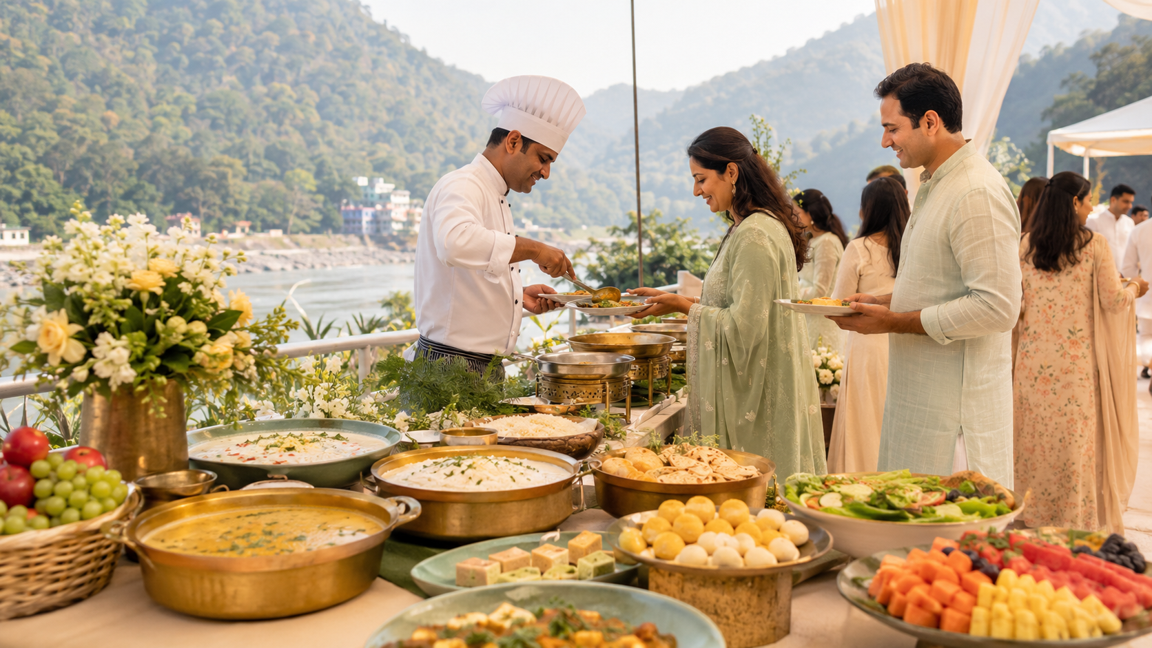 Pure vegetarian Sattvik and Jain wedding buffet beside the Ganga in Rishikesh