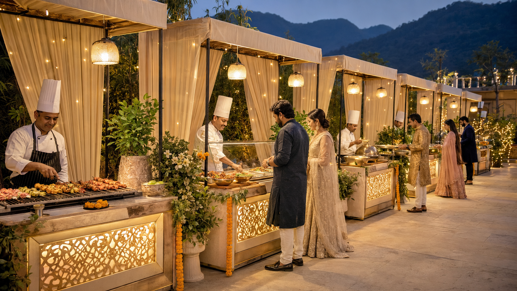 Elegant live food counters at a destination wedding in Rishikesh