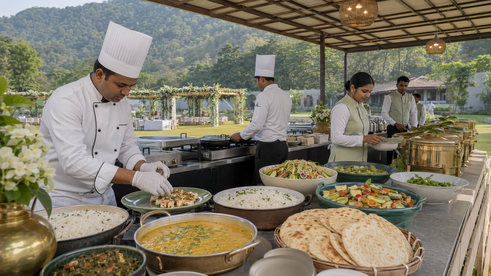 Professional wedding caterers preparing a buffet at a Jim Corbett forest resort