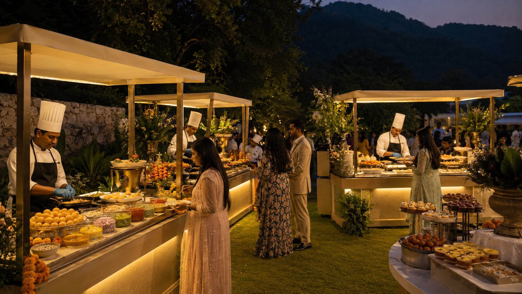 Elegant live food counters at a destination wedding in Jim Corbett