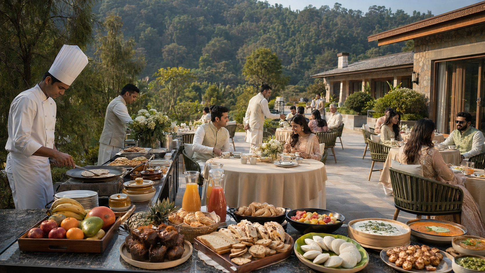 Destination wedding brunch buffet at a luxury Jim Corbett resort