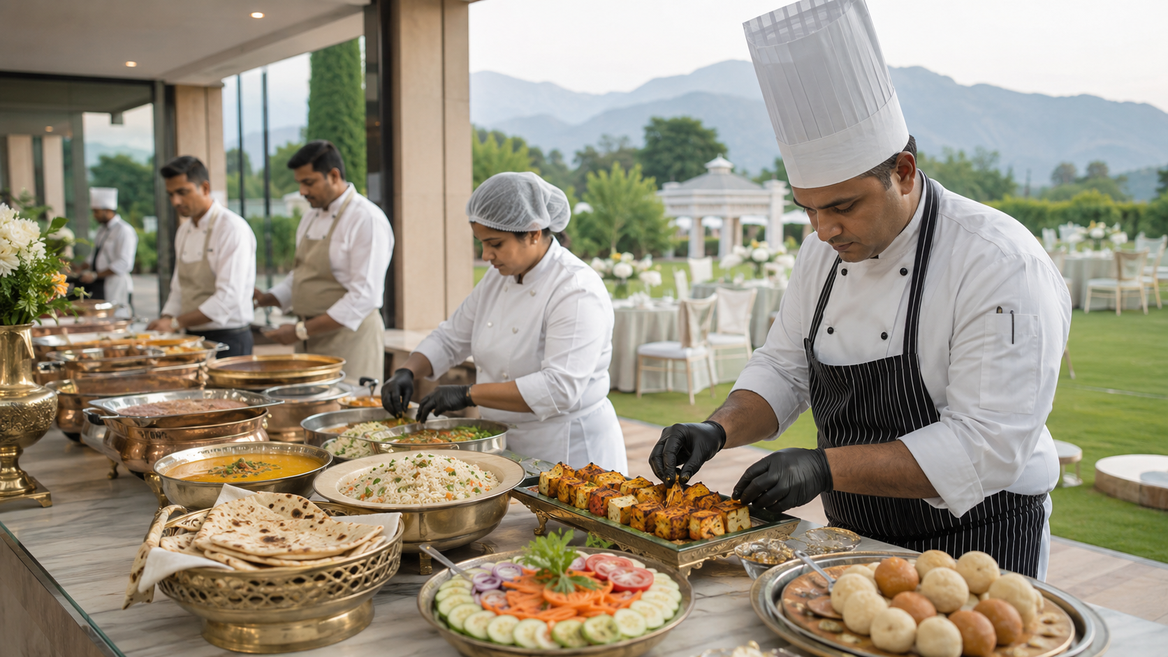 Professional wedding caterers preparing a vegetarian buffet at a Haridwar venue