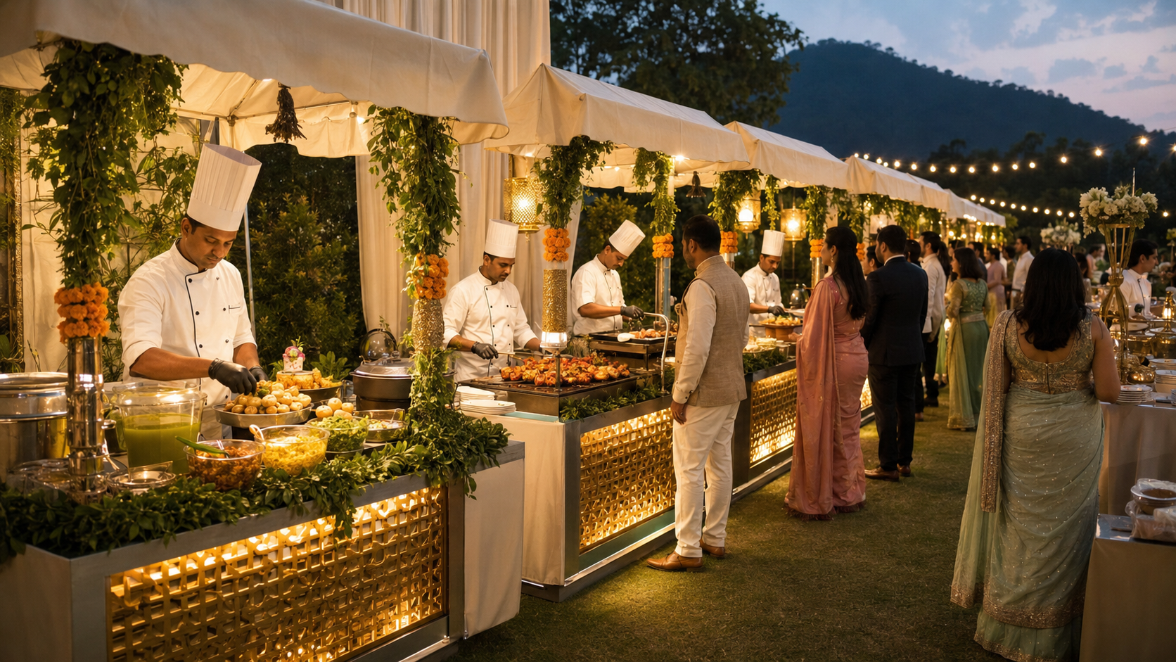 Live vegetarian food counters at an elegant Haridwar wedding