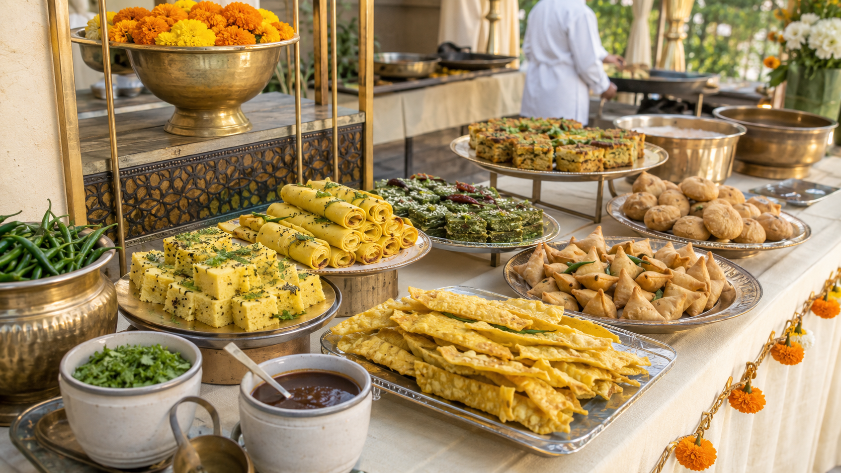 Gujarati wedding farsan counter with dhokla khandvi patra and traditional snacks
