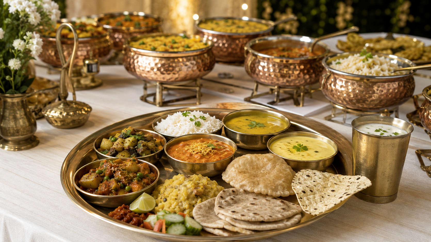 Traditional Gujarati wedding main course thali with shaak dal kadhi rice and breads
