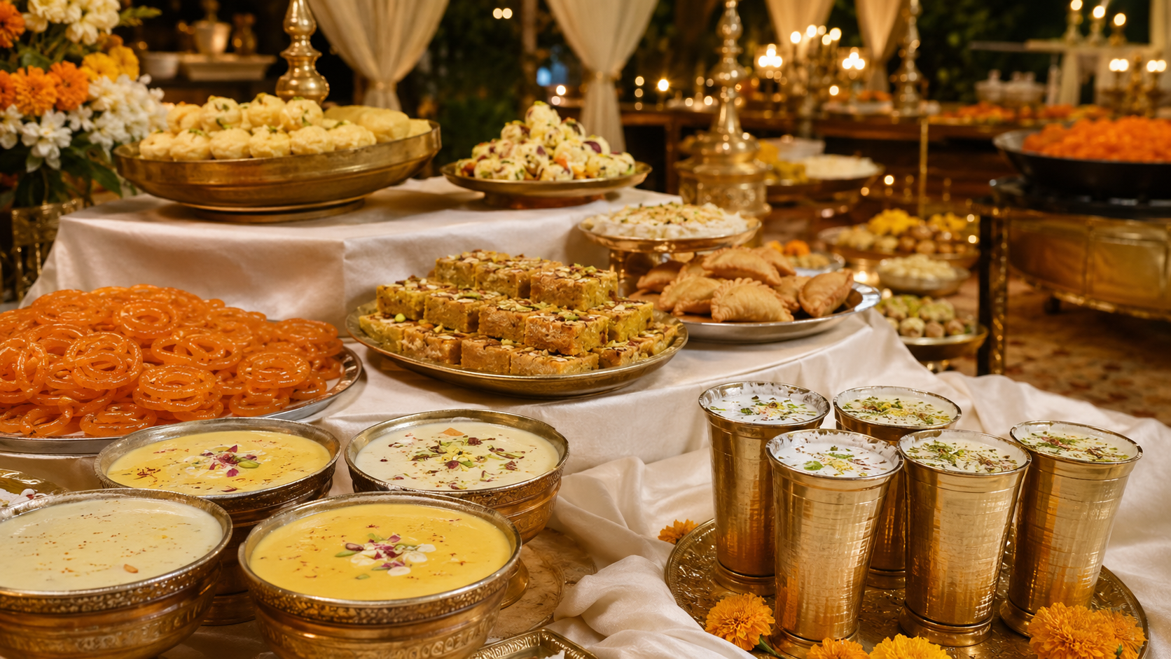 Gujarati wedding dessert counter with jalebi shrikhand basundi mohanthal and chaas
