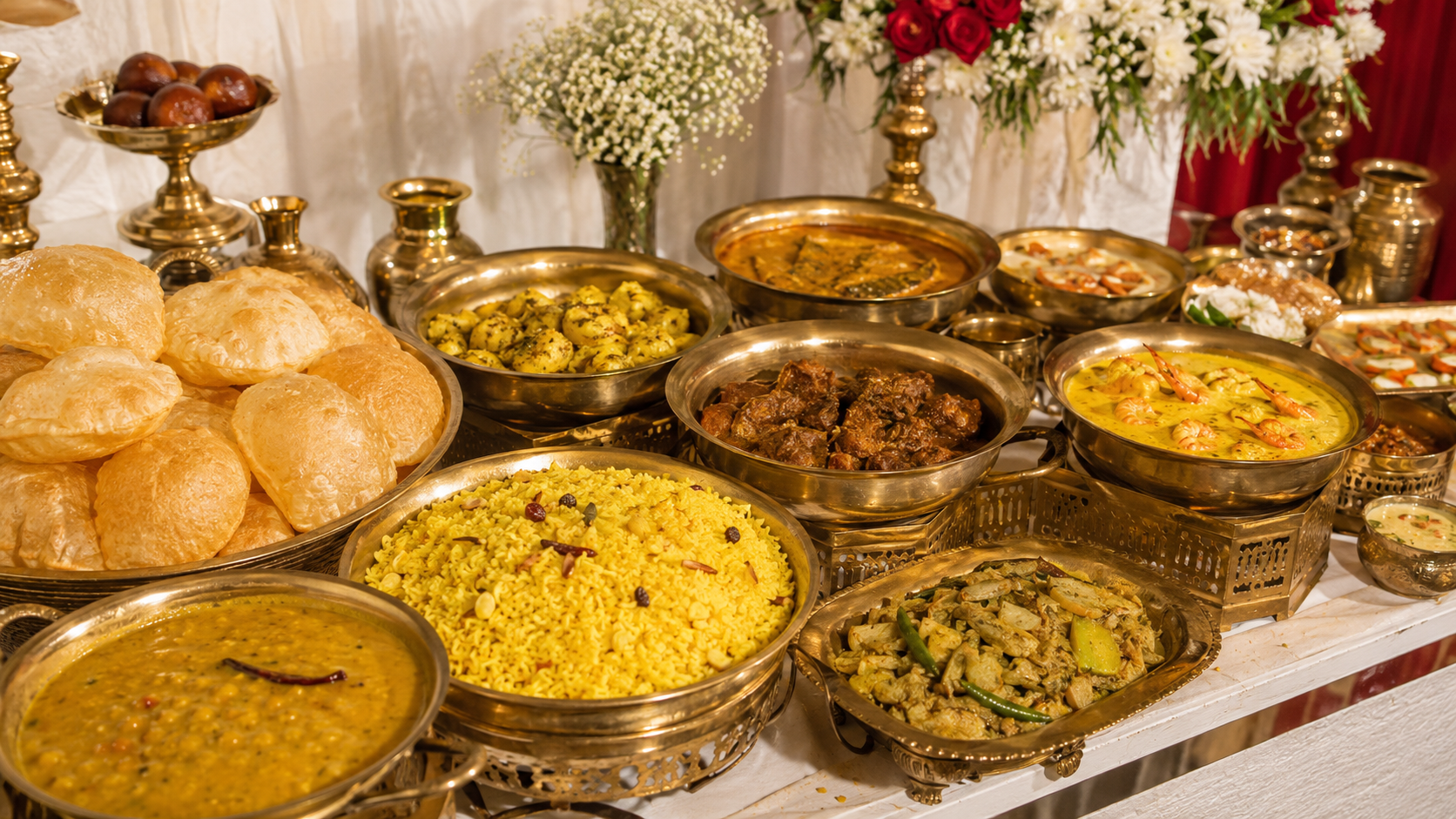 Traditional Bengali wedding main course food menu with luchi, pulao, fish and mutton