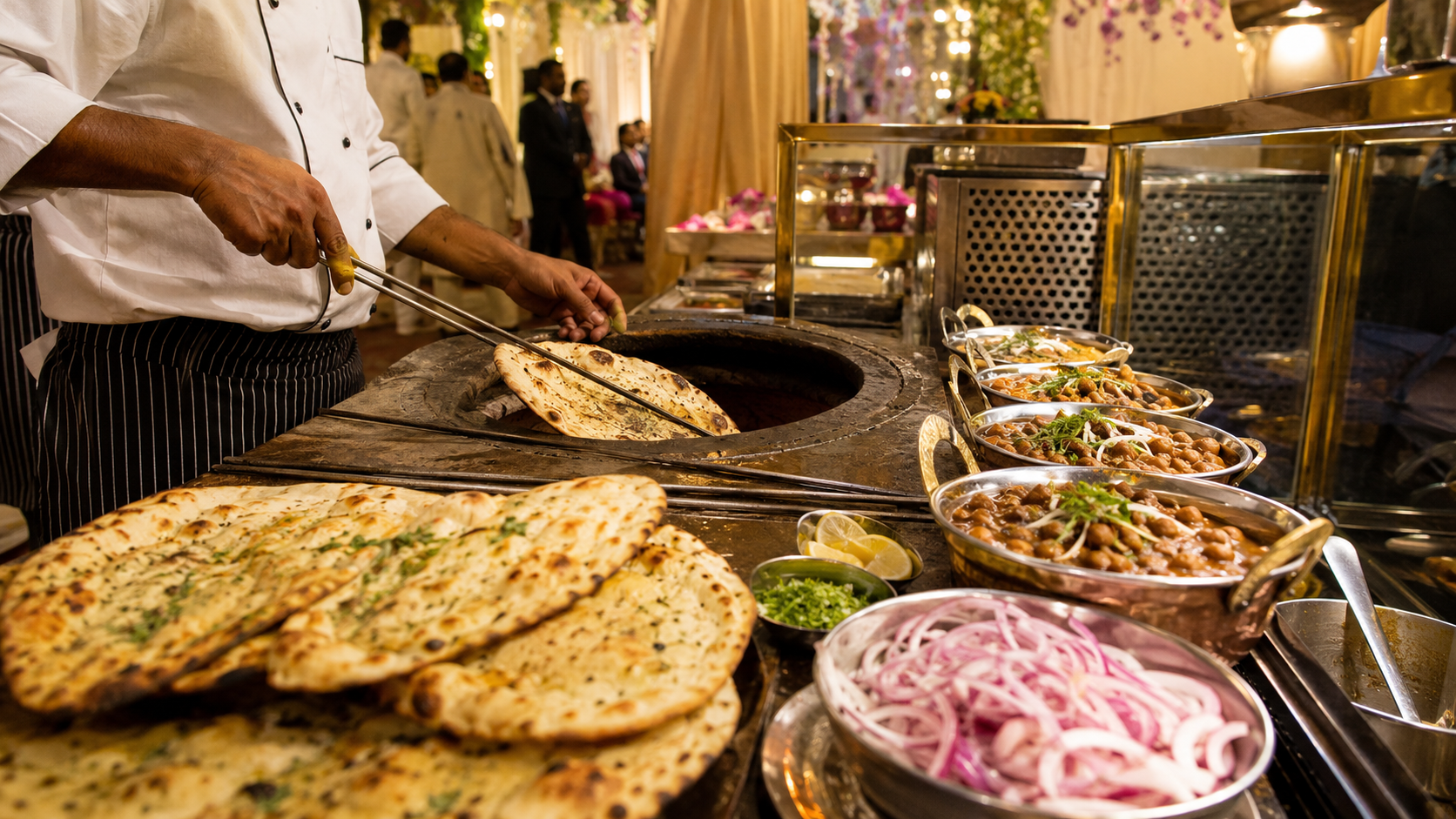 Live Amritsari kulcha and chole counter at a Punjabi wedding