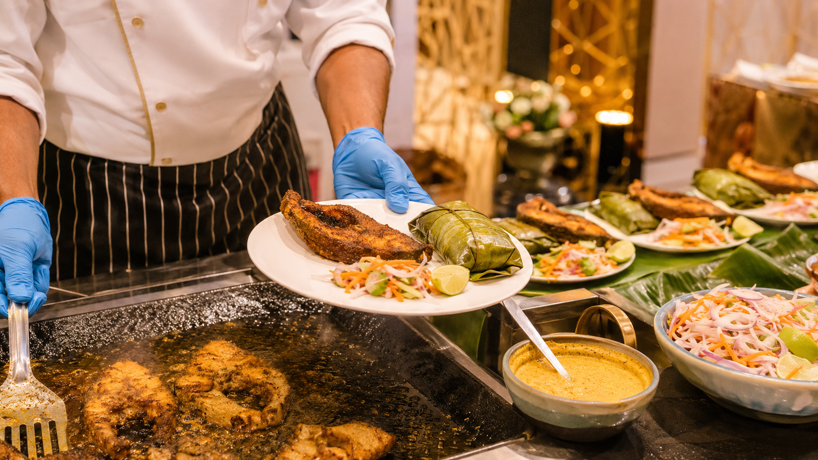 Live Bengali fish fry and bhetki paturi counter at a wedding