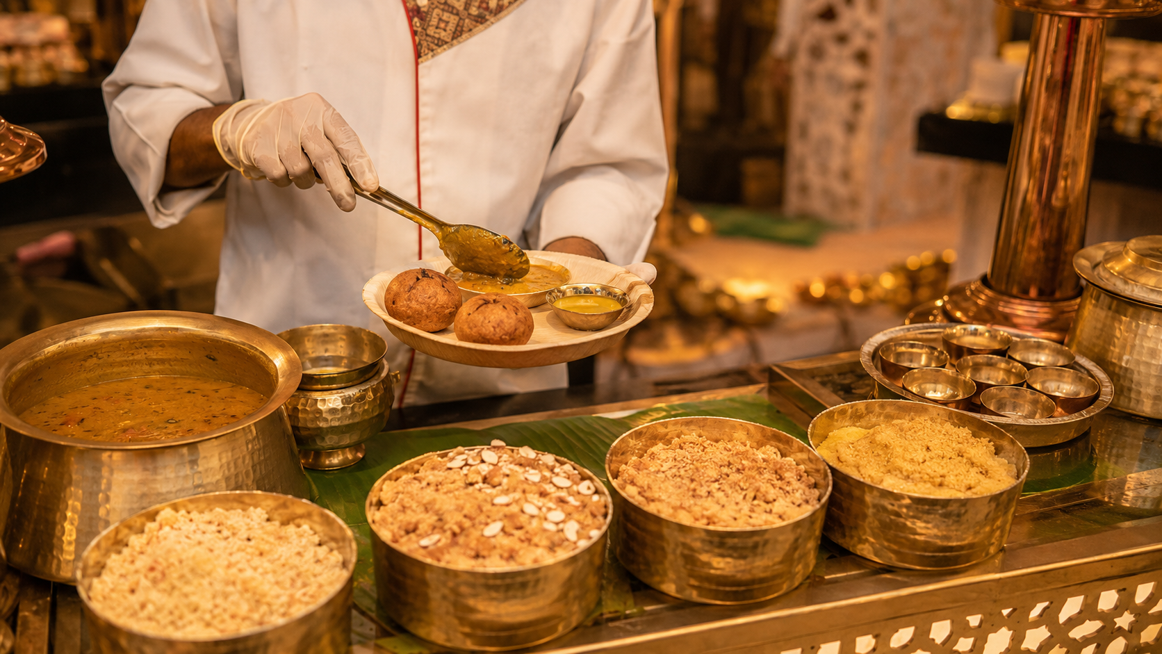 Live dal baati churma counter at a Rajasthani wedding