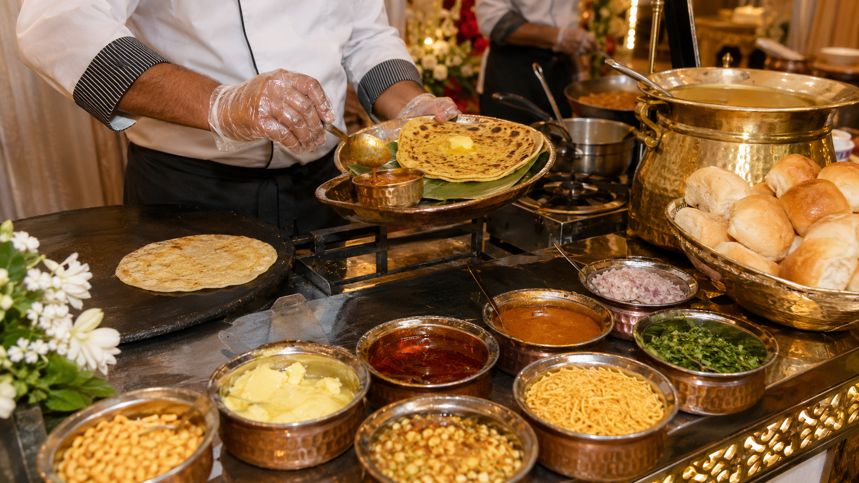 Live Puran Poli and Misal Pav counter at a Maharashtrian wedding