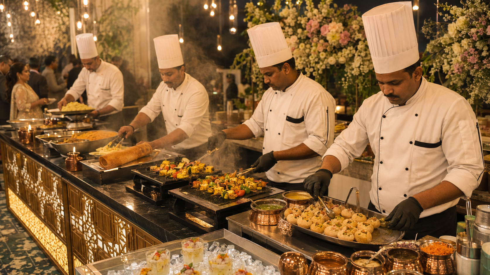 Live veg food counters at an Indian wedding reception